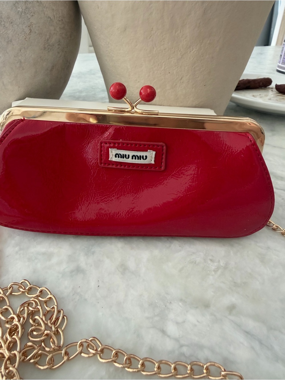 Miu Miu Red Patent Leather Kiss-Lock Clutch with Gold Hardware